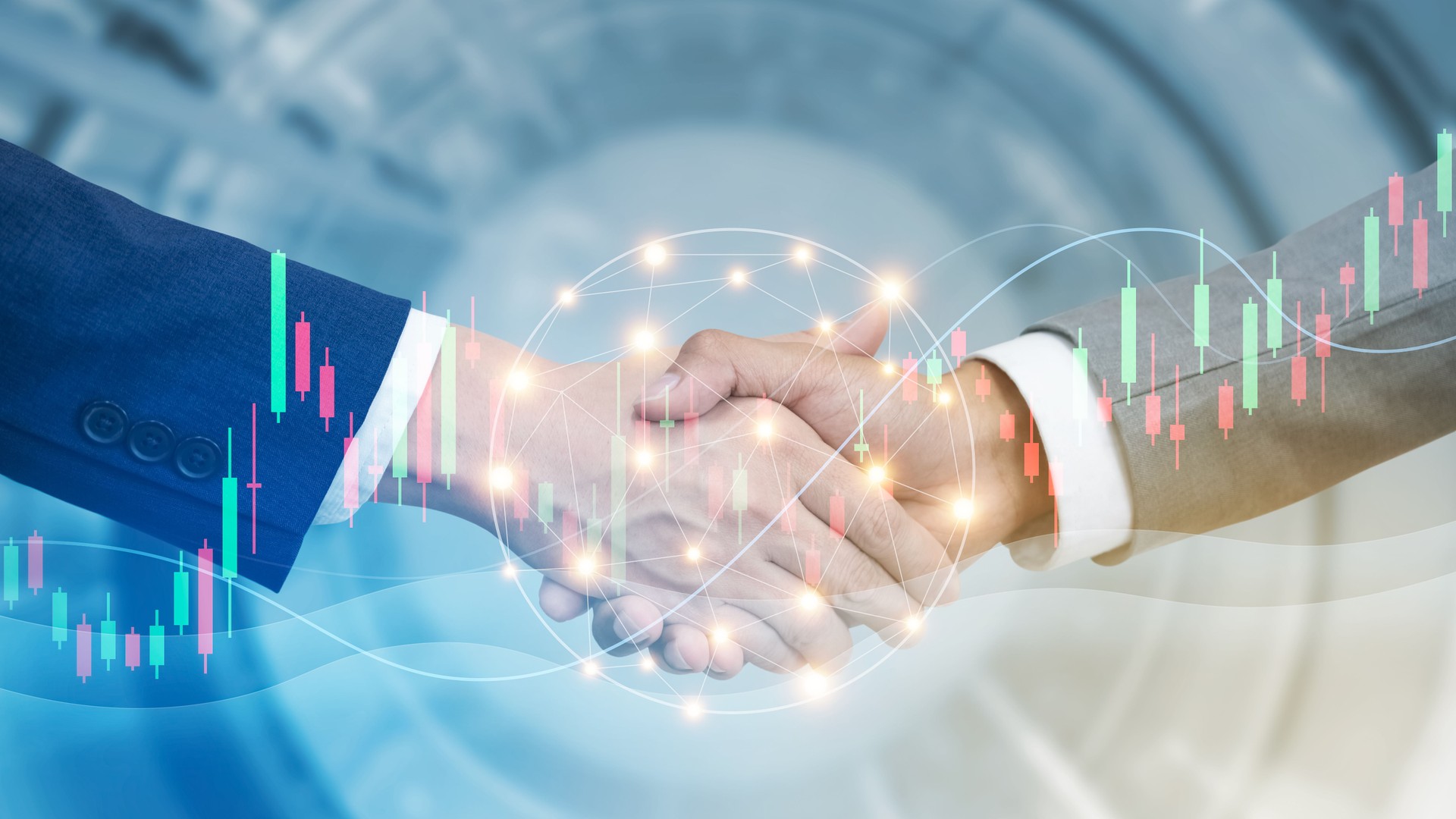 Business finance and investment cooperation, business people shaking hands for business investment partnership, global company growth graph chart, partnership and teamwork, banking and stock market.