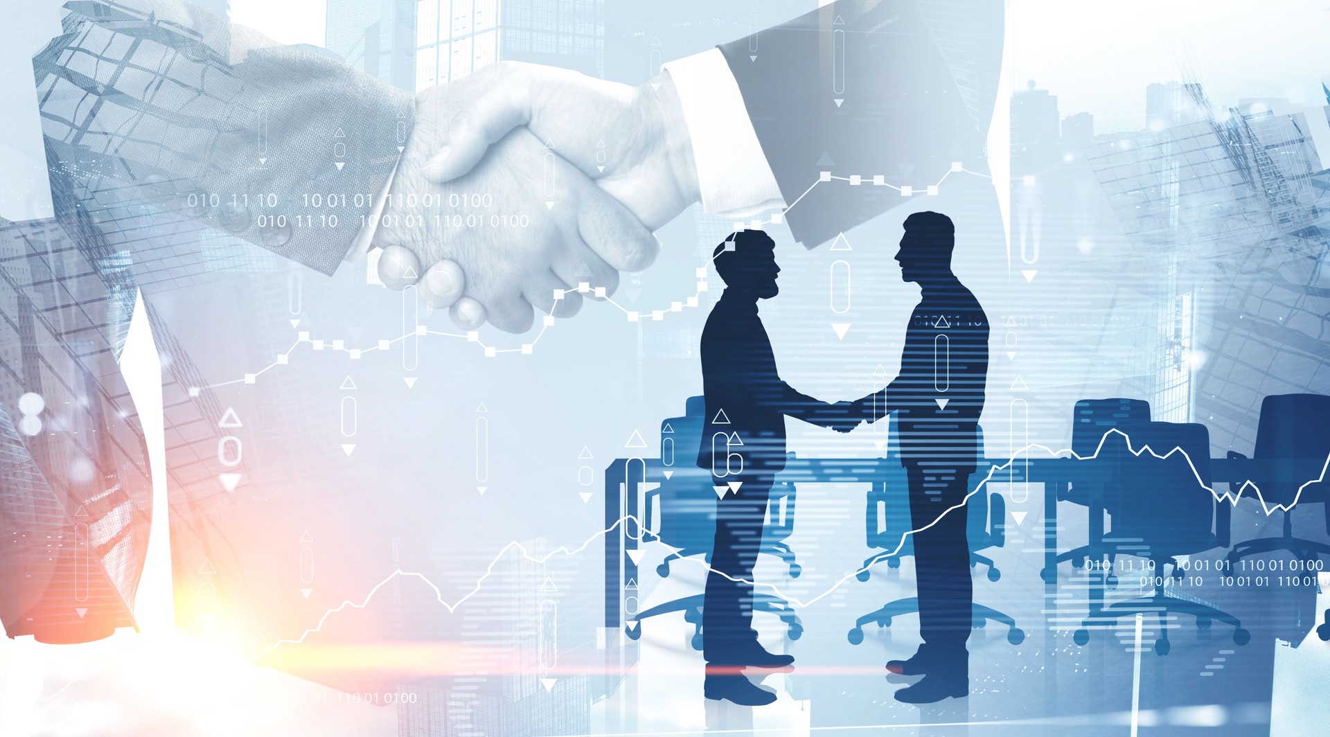 Handshake in city, teamwork and collaboration